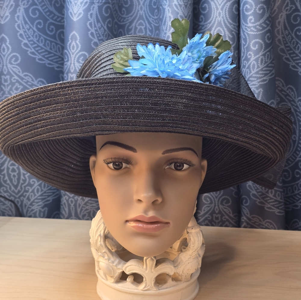 Betmar New York Black Hat with Blue Faux Floral Accent & Large Black Mesh Bow